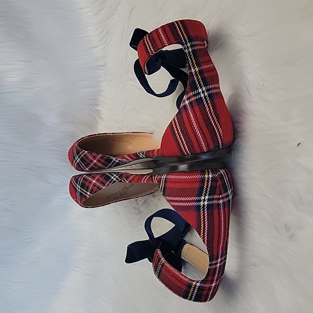 J.CREW Red Tartan Plaid d'Orsay Velvet Ankle Tie Festive Preppy Holiday Flat 7.5 - Picture 7 of 13